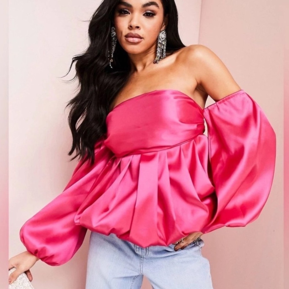 ASOS LUXE Hot Pink Satin Off The Shoulder Puff Sleeve Bubble Top Coquette barbie